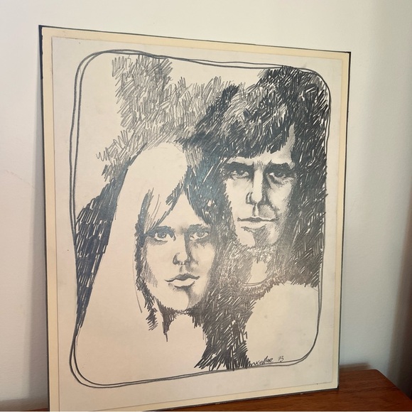 Original portrait, pencil M Keller 1973 drawing on board Mcm retro vintage - Picture 9 of 17